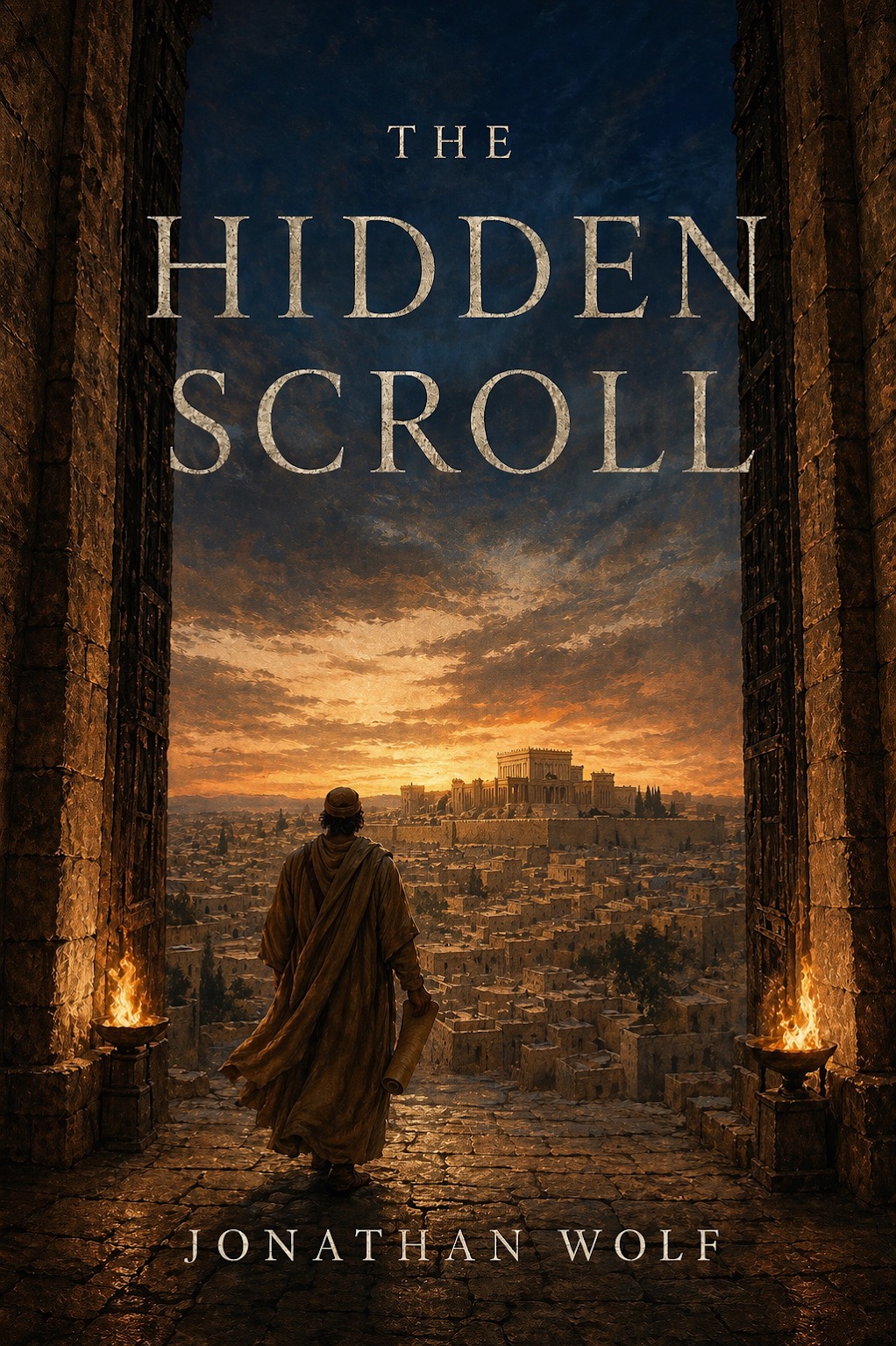 Cover art for The Hidden Scroll showing a figure holding a scroll at a city gate overlooking ancient Jerusalem.